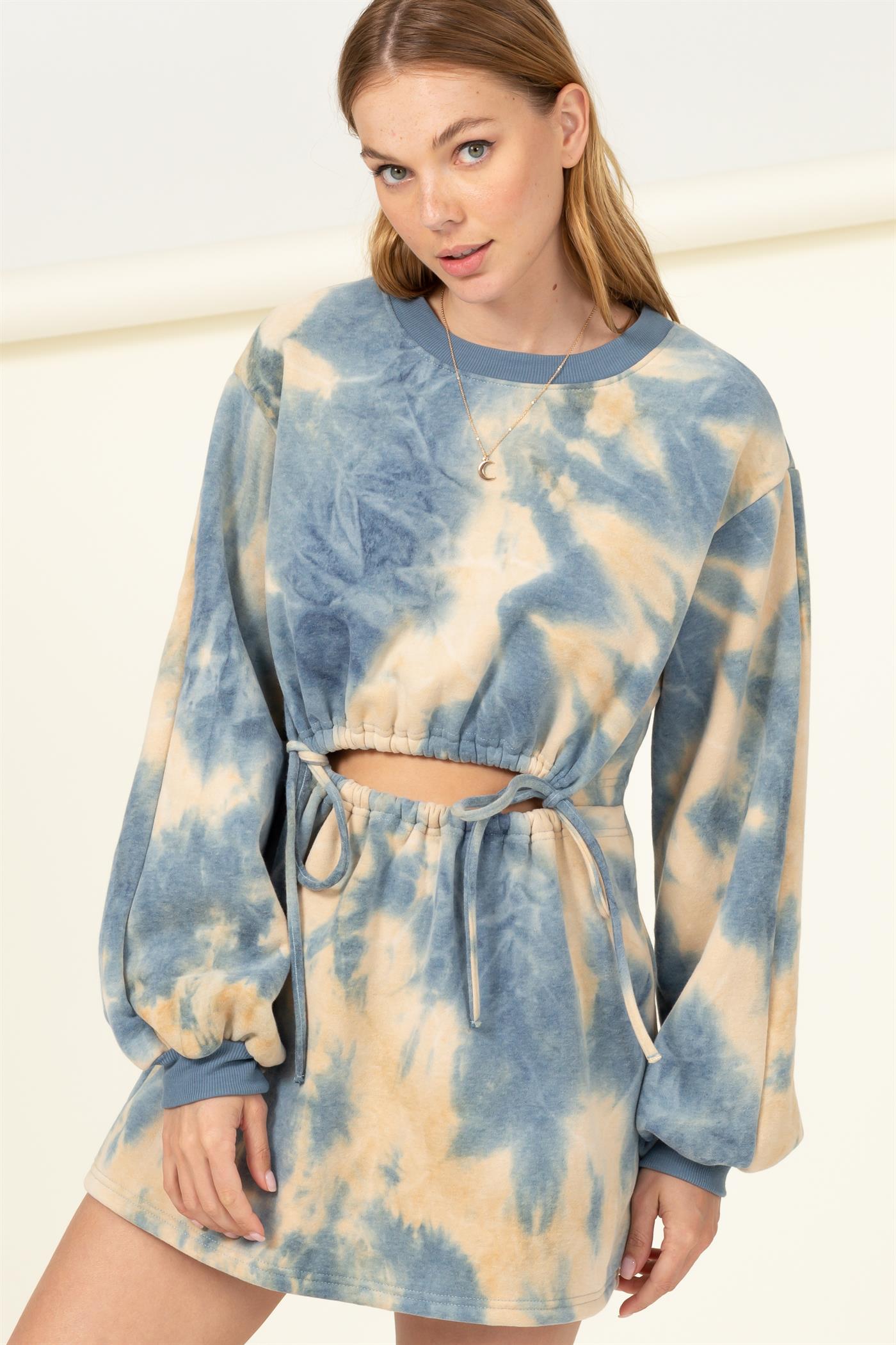 CALL ME COZY TIE-DYE CUTOUT SWEATSHIRT DRESS