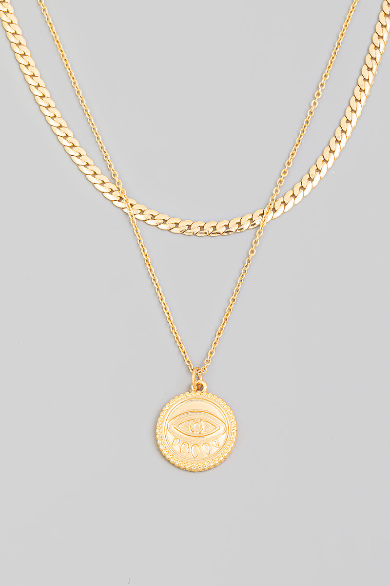 Layered Evil Eye Coin Pendant Necklace