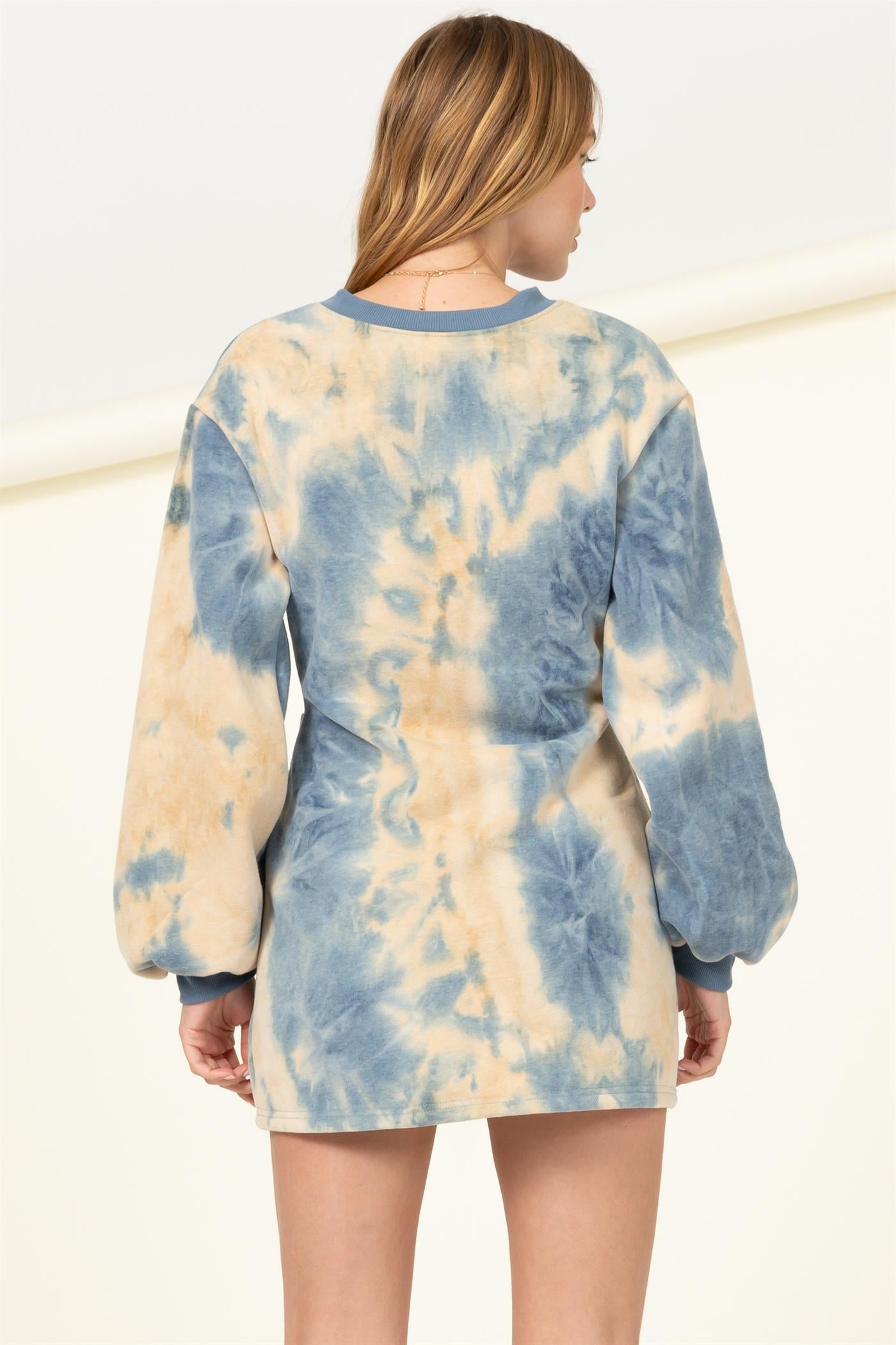 CALL ME COZY TIE-DYE CUTOUT SWEATSHIRT DRESS