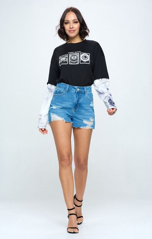 HIGH RISE RIPPED FRAY HEM DENIM SHORTS