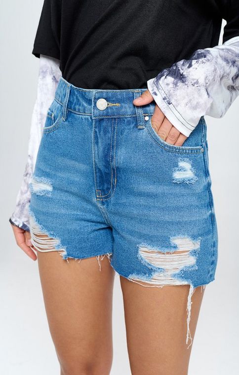 HIGH RISE RIPPED FRAY HEM DENIM SHORTS