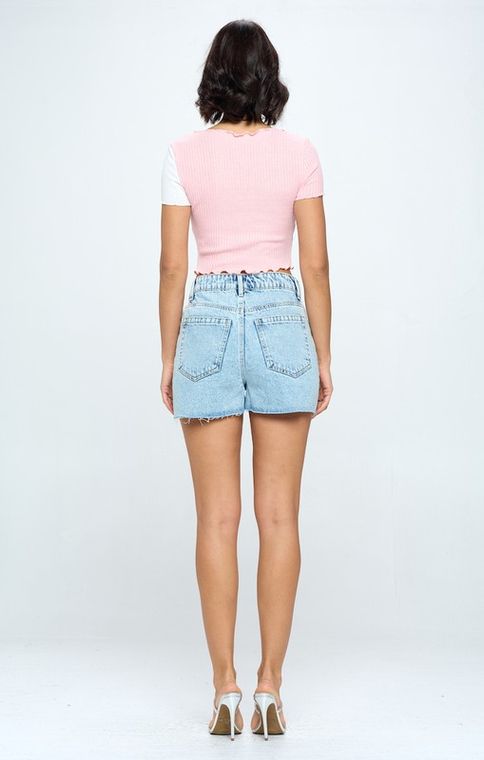 HIGH RISE FREY HEM DENIM SHORTS