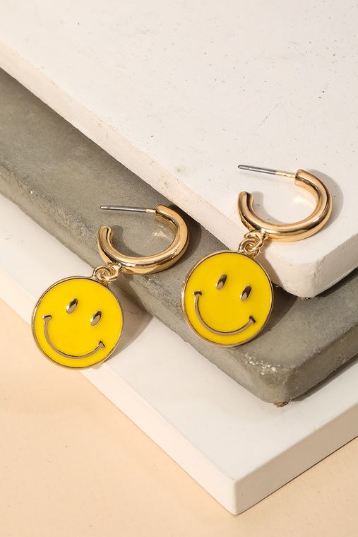 Mini Smiley Face Hoop Drop Earrings